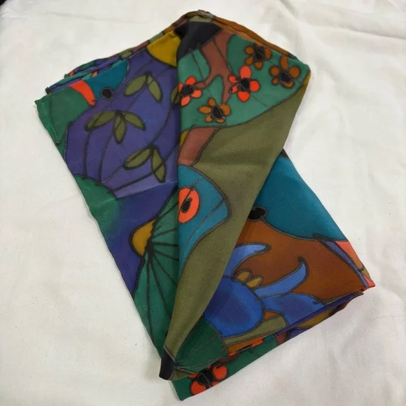 SILKSCAPES vintage silk multicolor silk scarf fish floral bamboo abstract USA - Picture 11 of 12